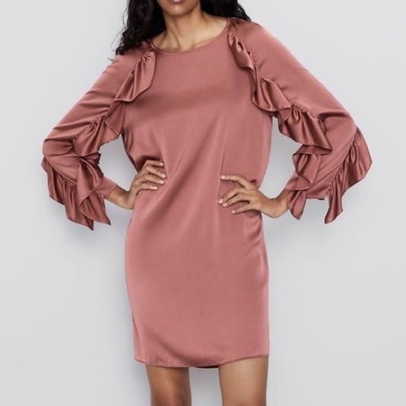 Zara| Pretty Rose Gold Ruffled Sleeve Satin Sheath Mini-Dress Sz XS - Picture 1 of 8